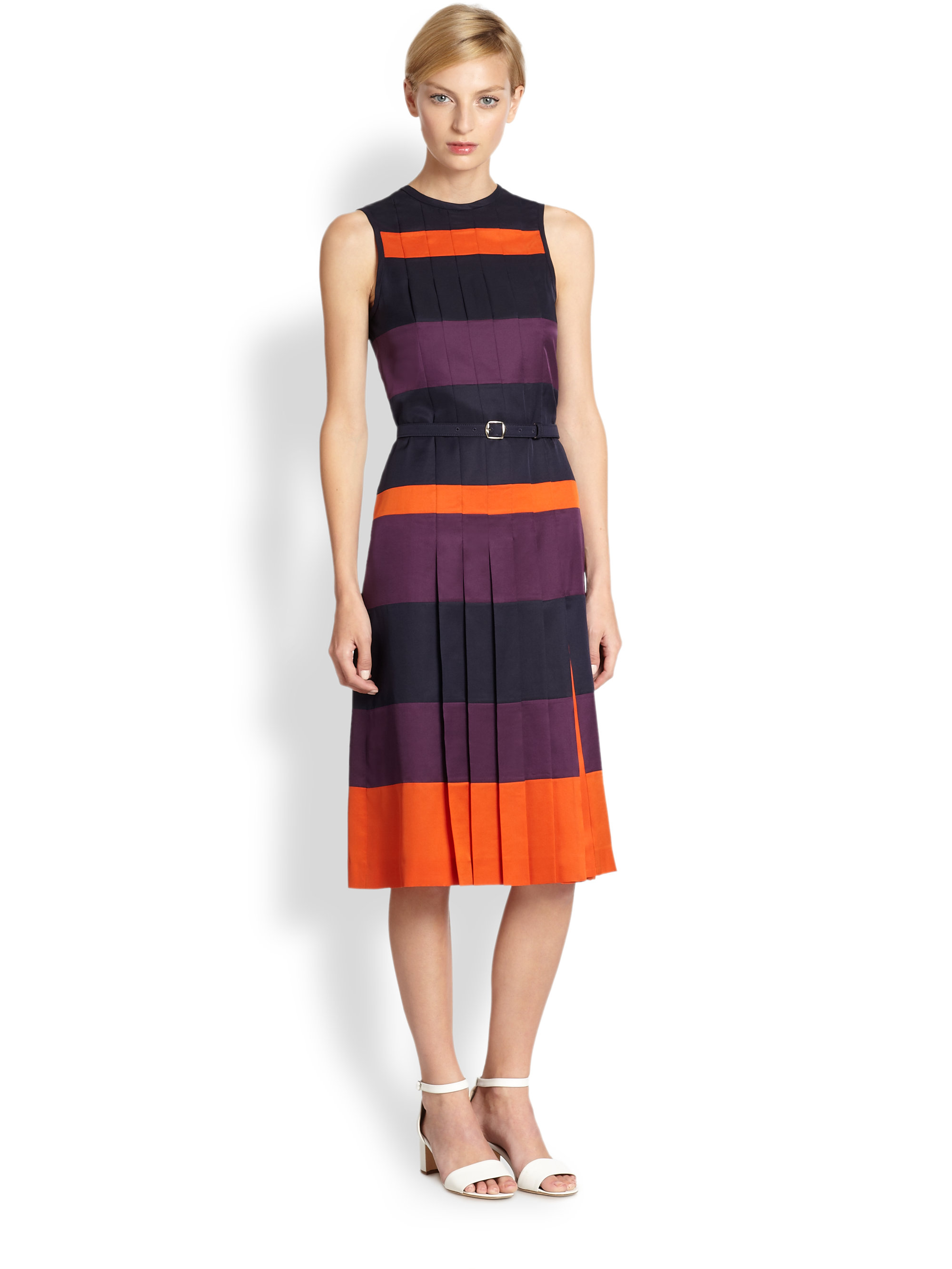 Rochas Pleated Silk Stripe Dress in Purple | Lyst