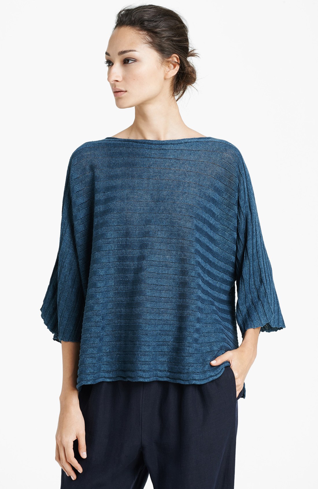 Eskandar Mélange Rib Knit Linen Sweater in Blue (Deep) | Lyst