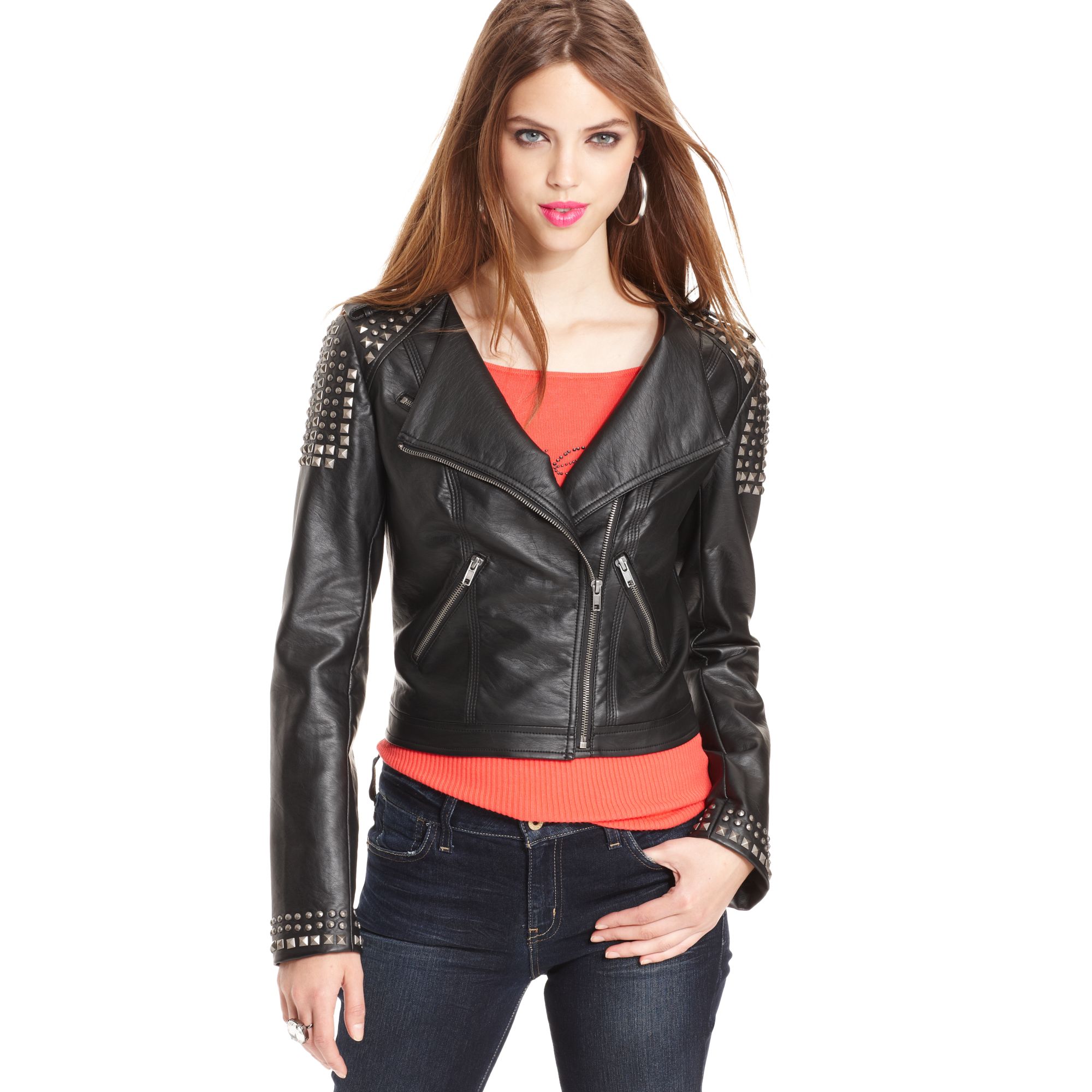 Lyst Guess Long Sleeve Studded Faux Leather Motorcycle Jacket In Black Gallery
