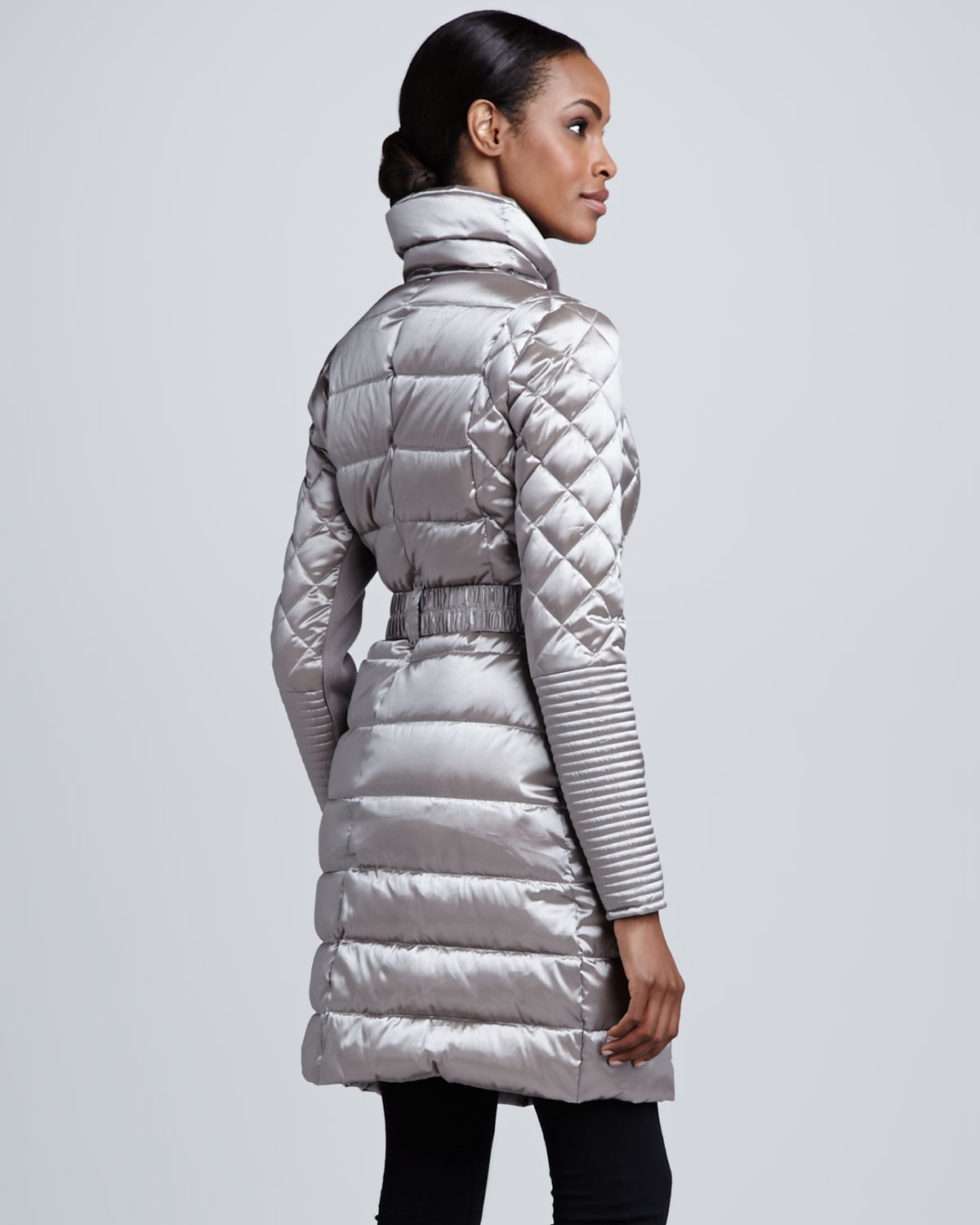 Lyst Bcbgmaxazria Metallic Belted Puffer Coat in Gray