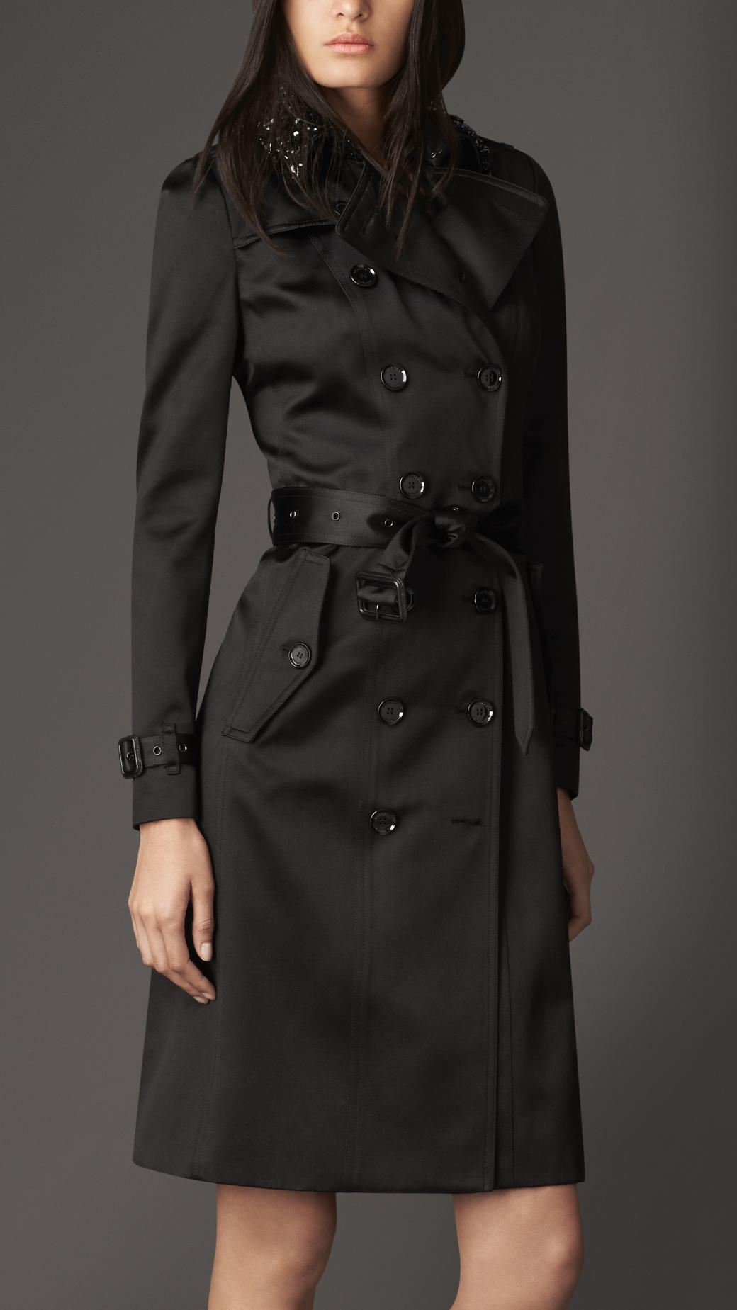 Lyst - Burberry Long Gem Collar Satin Trench Coat in Black