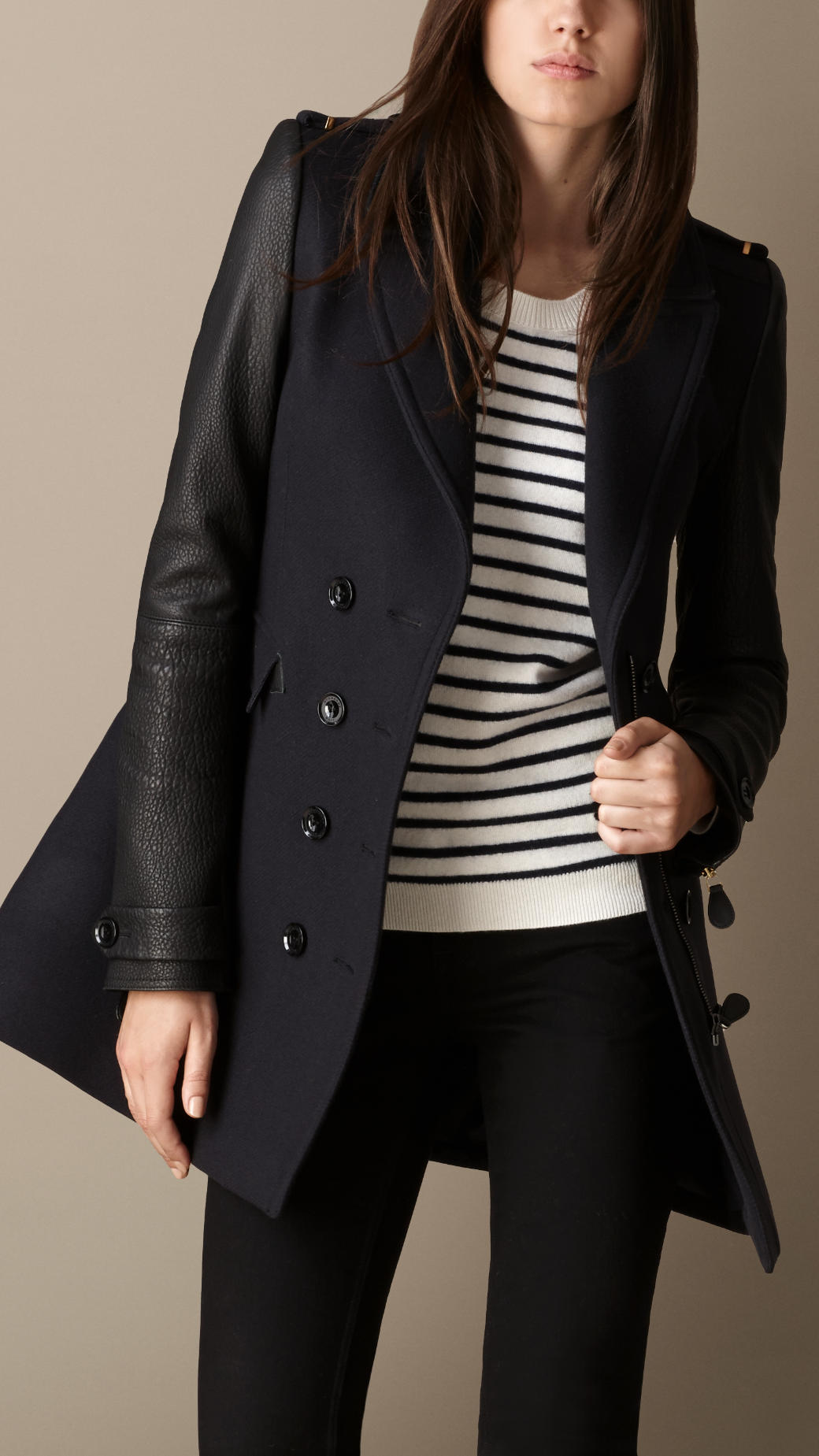 Lyst - Burberry Leather Sleeve Military Coat in Blue