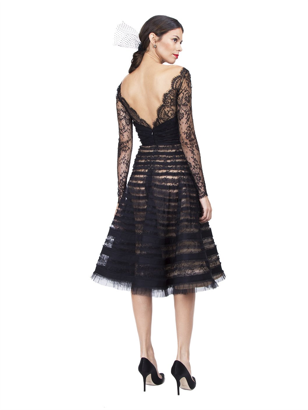 Lyst Oscar De La A Long Sleeve Lace Vback Dress In Black Gallery