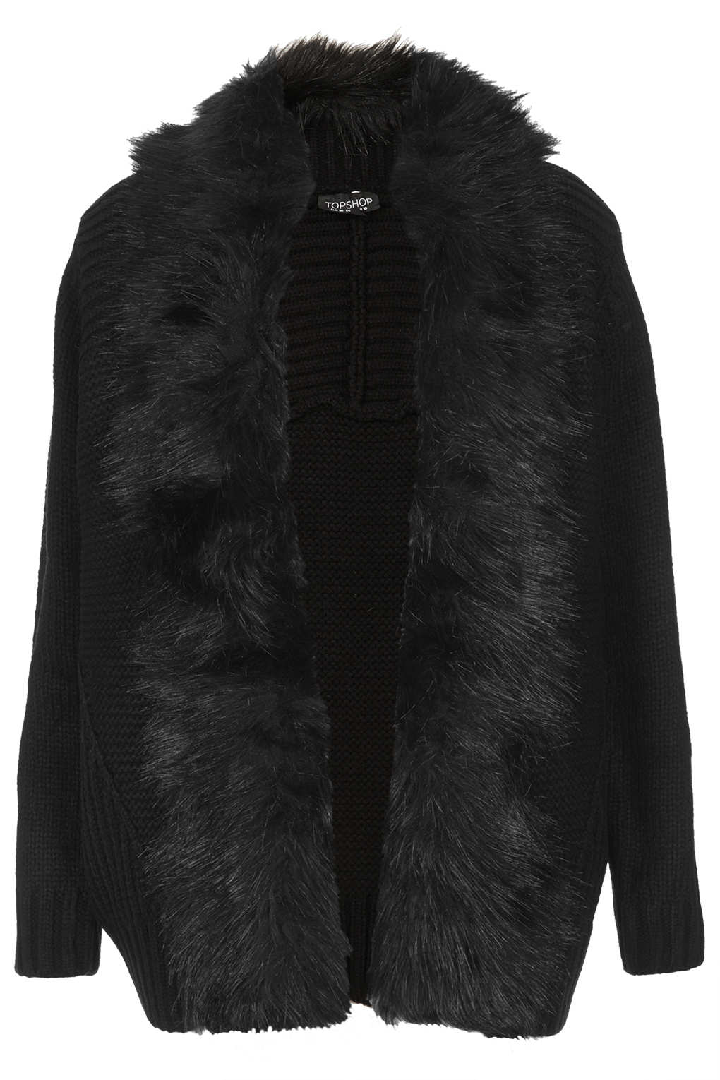 TOPSHOP Knitted Fur Trim Coatigan in Black - Lyst