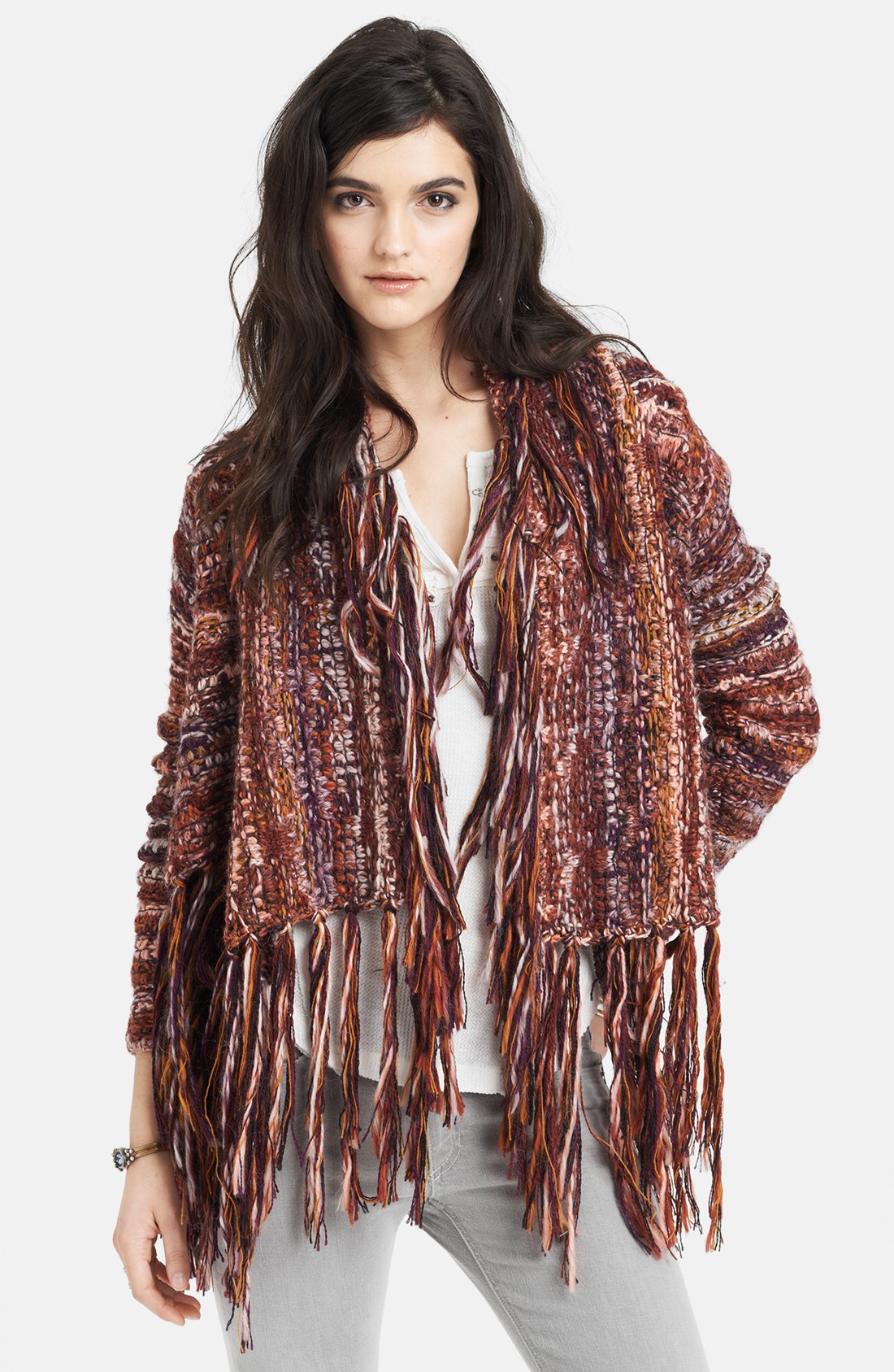 Free People Chunky Knit Fringed Cardigan in Multicolor (Red Multi Combo ...
