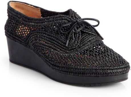 Robert Clergerie Vicoleg Woven Raffia Lace-Up Wedges in Black | Lyst