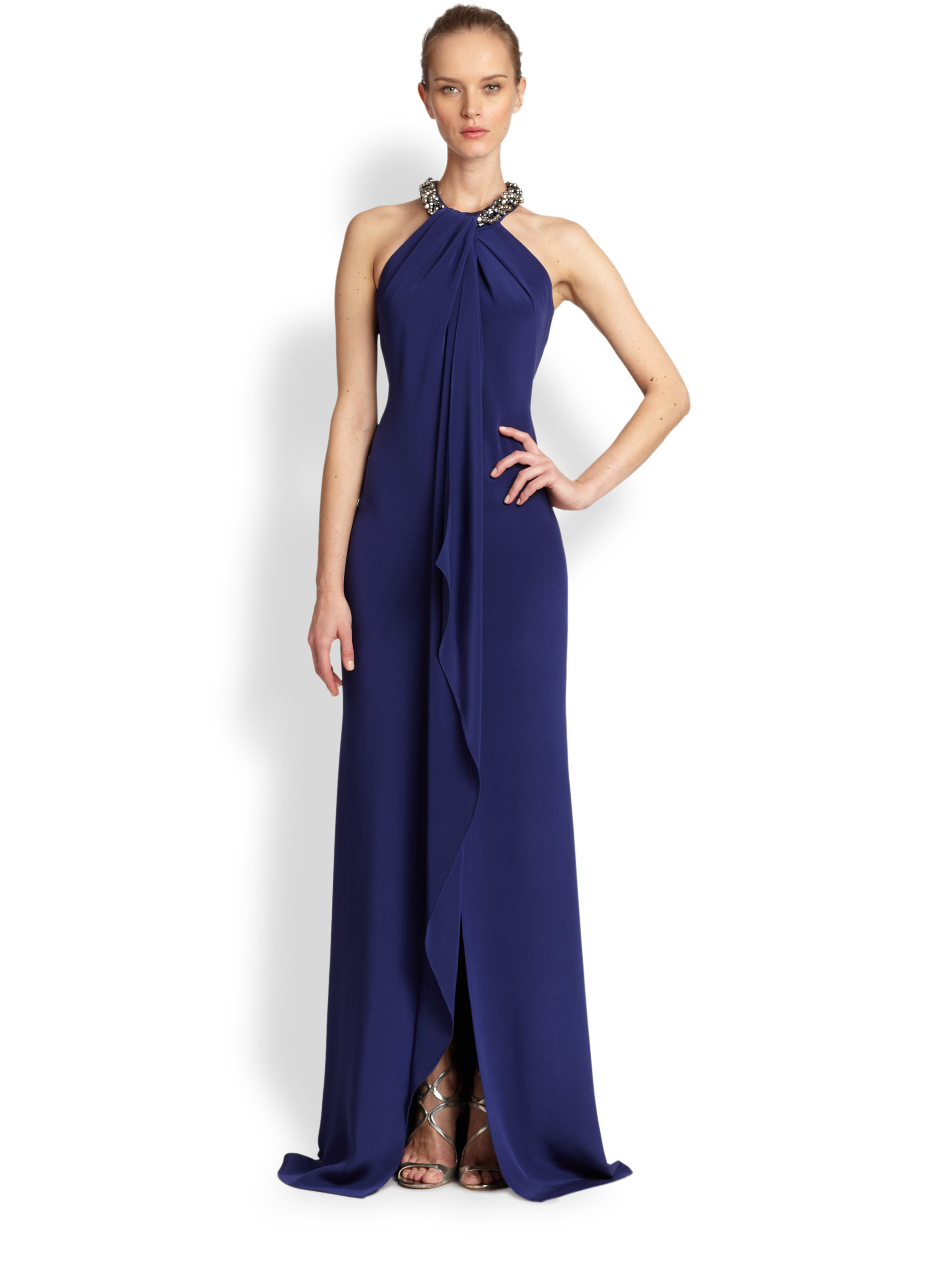 Lyst - Carmen Marc Valvo Sleeveless Silk Halter Gown in Blue