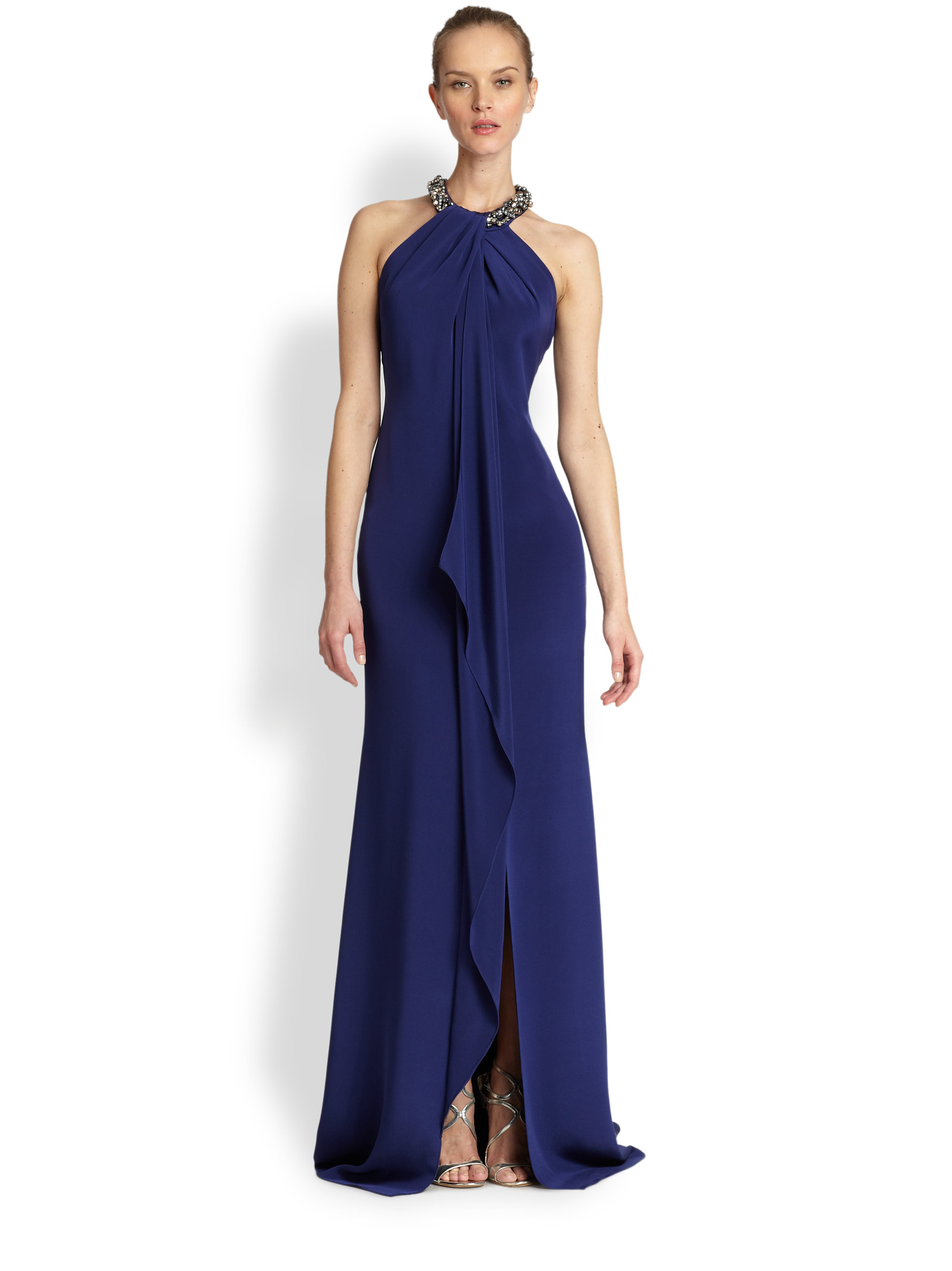 Lyst - Carmen Marc Valvo Sleeveless Silk Halter Gown in Blue