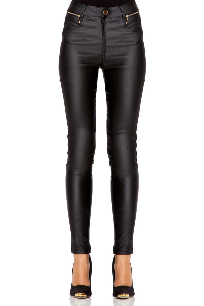 Quiz Black Wet Look High Waisted Trousers in Black | Lyst