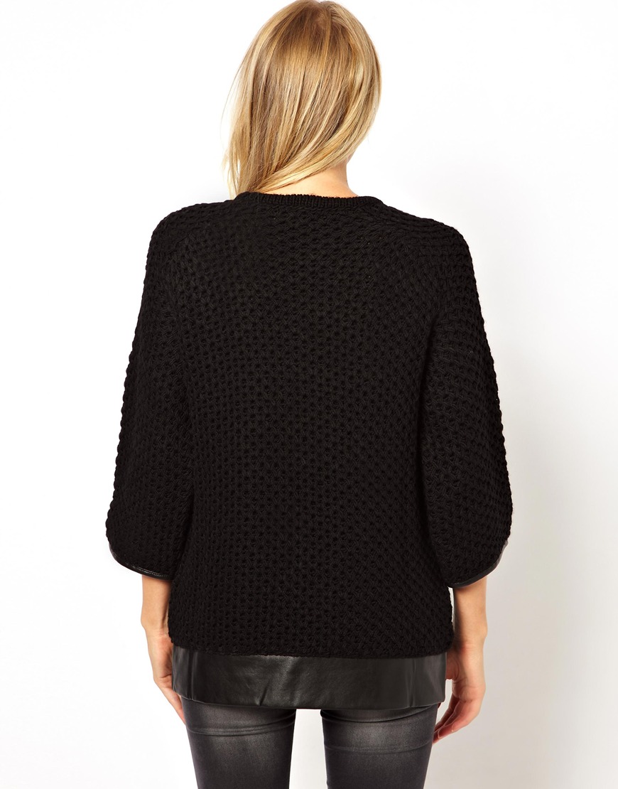 Asos Chunky Knitted Sweater with Leather Look Trim in Black | Lyst