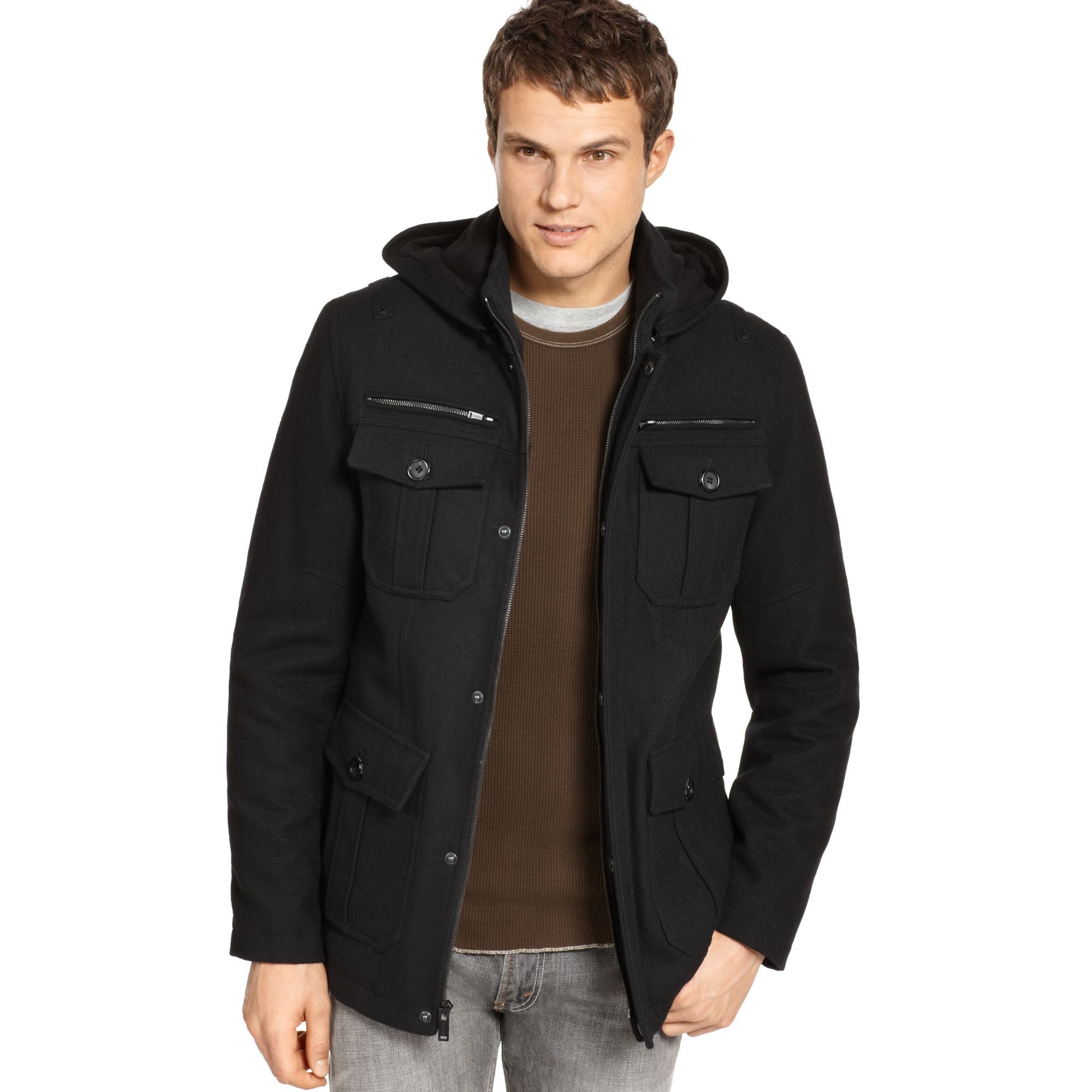 Lyst - Guess Coats Military Style Hooded Pea Coat in Black for Men