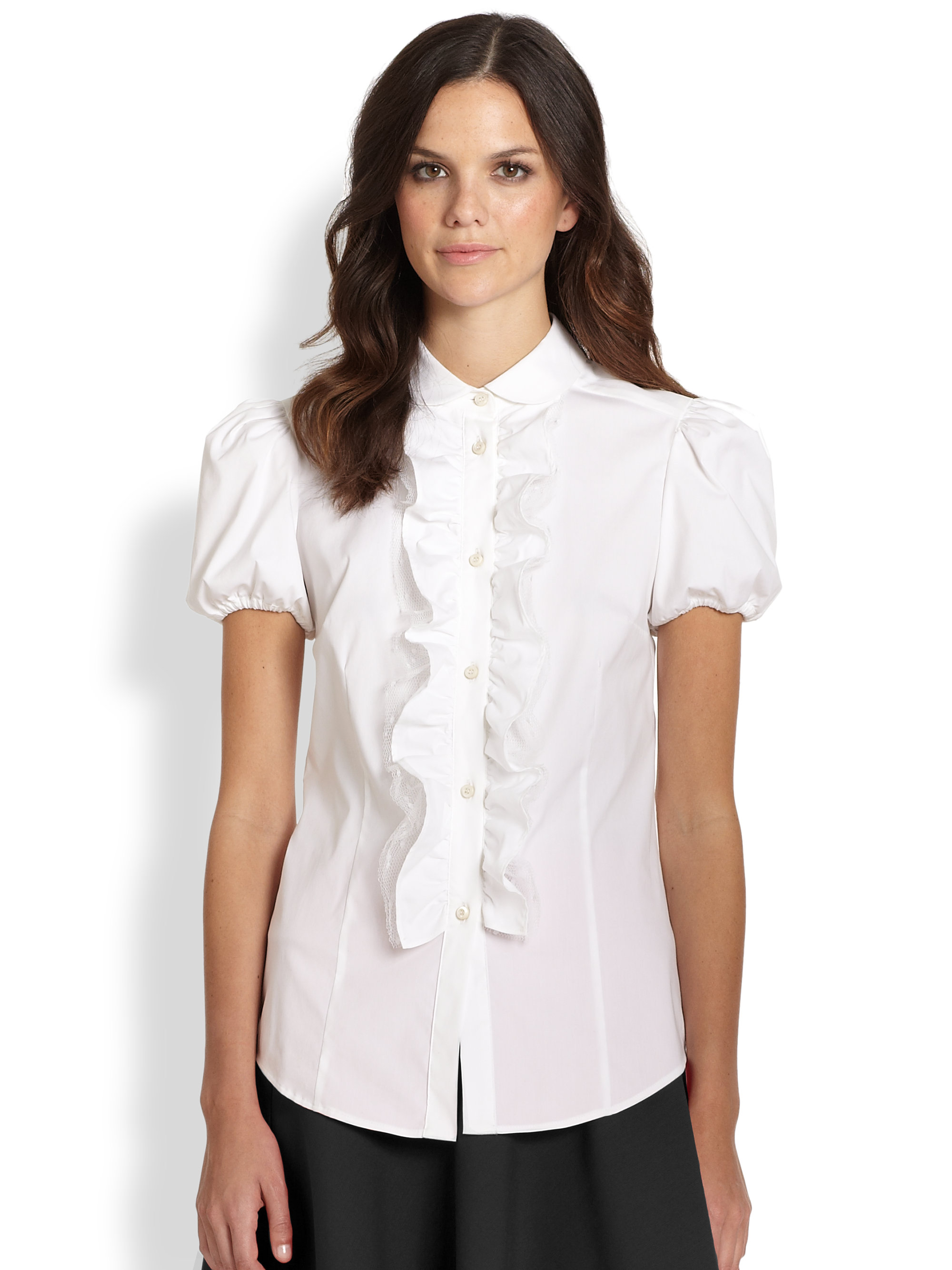 Red valentino Poplin Shortsleeve Rufflefront Blouse in White | Lyst