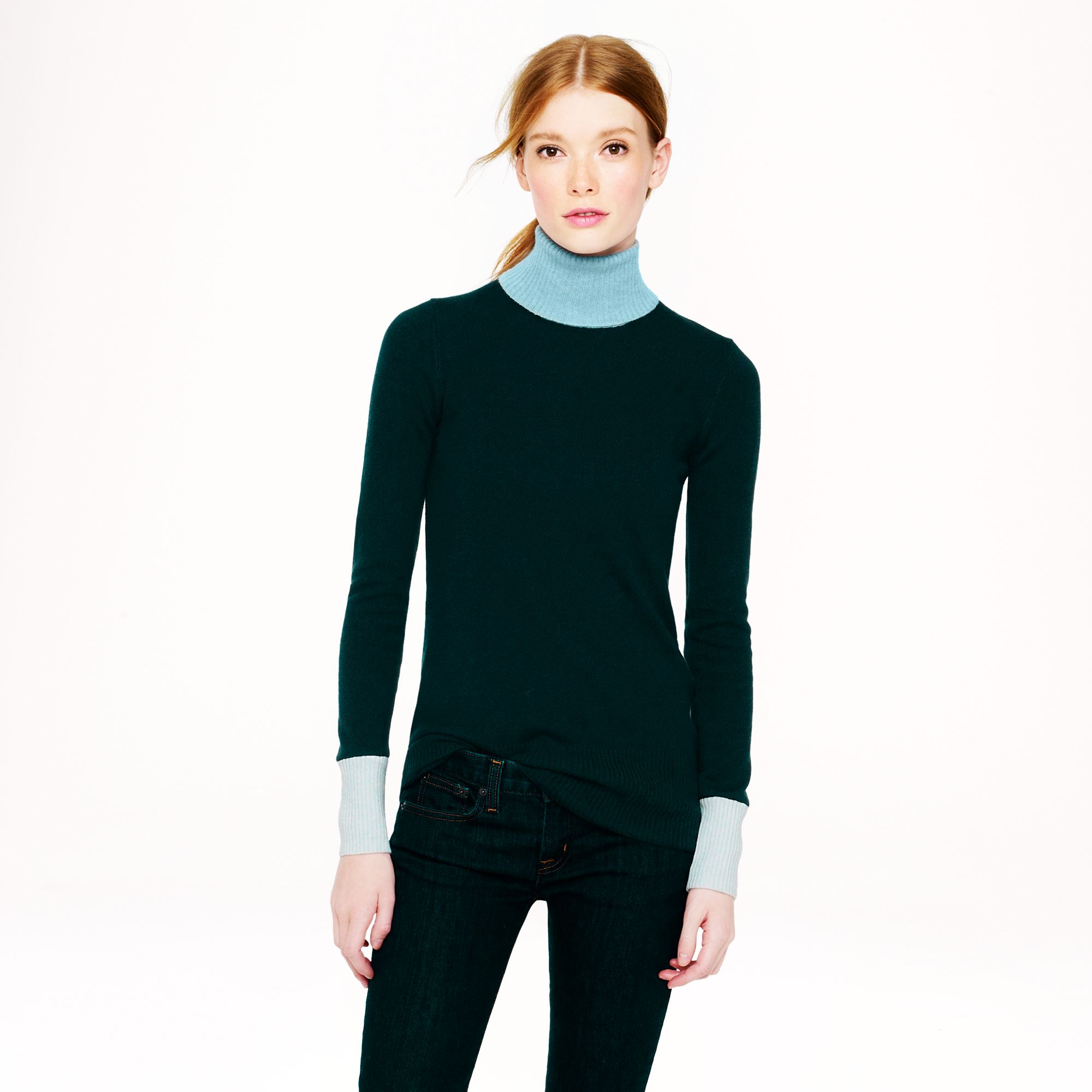 J.crew Cashmere Colorblock Turtleneck in Blue (green mineral sky) | Lyst