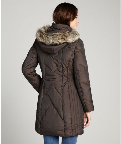 Anne Klein Bronze Quilted Down Filled Coat with Faux Fur Trimmed Hood ...