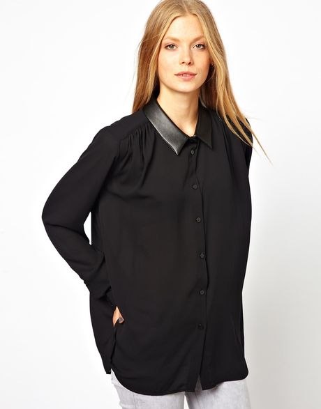 Asos Sheer Blouse with Leather Look Collar in Black | Lyst