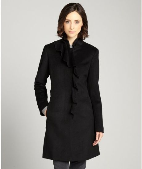 Dkny Black Cascading Ruffle Wool Three Quarter Length Coat in Black | Lyst