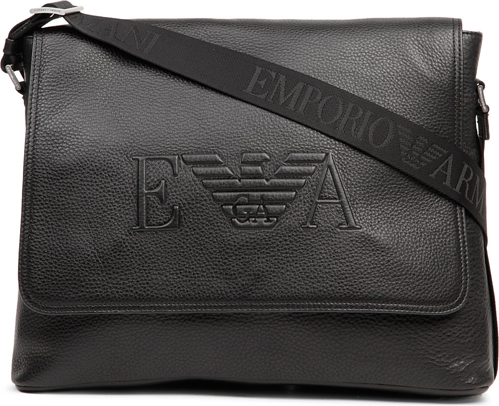 Emporio Armani Logo Leather Messenger Bag in Black for Men | Lyst