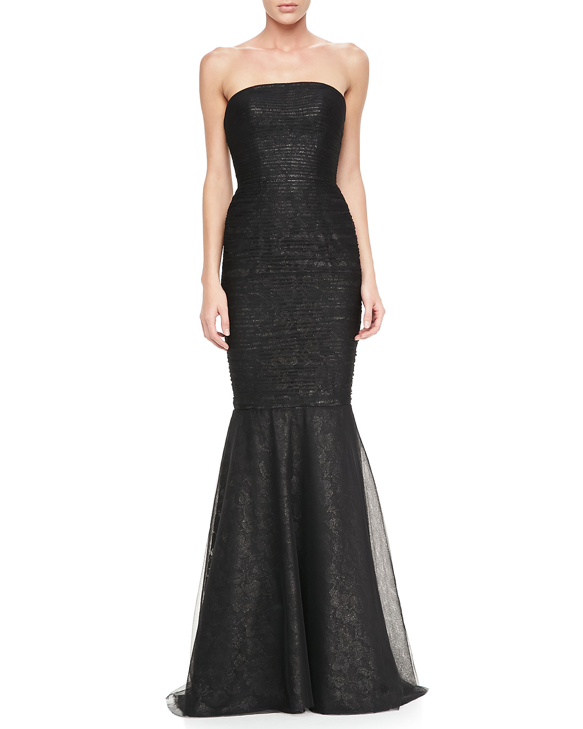 Ml monique lhuillier Strapless Lace Tulle Mermaid Gown in Black | Lyst