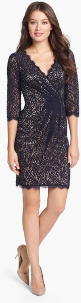 Adrianna Papell Lace Faux Wrap Dress in Blue (Navy) | Lyst