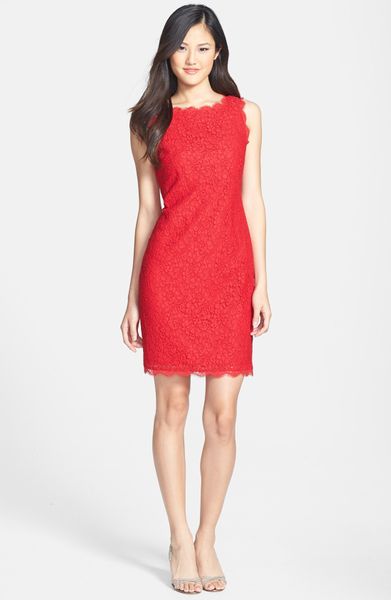 Adrianna Papell Boatneck Lace Sheath Dress in Red | Lyst