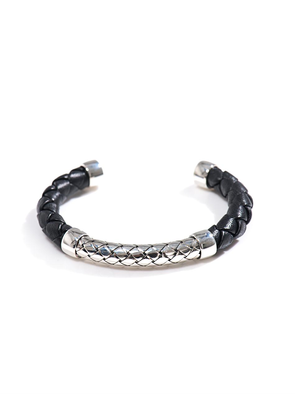 Lyst Bottega Intrecciato Woven Leather Silver Bracelet in Black for Men