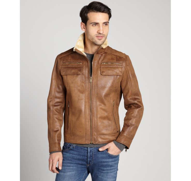Calvin Klein Cognac Faux Shearling Leather Zip Front Jacket Gallery