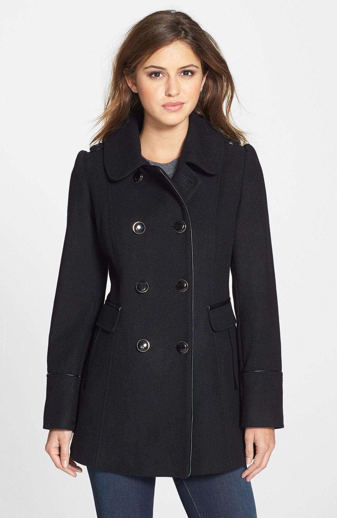 Kensie Double Breasted Wool Blend Coat with Faux Leather Trim in Black ...