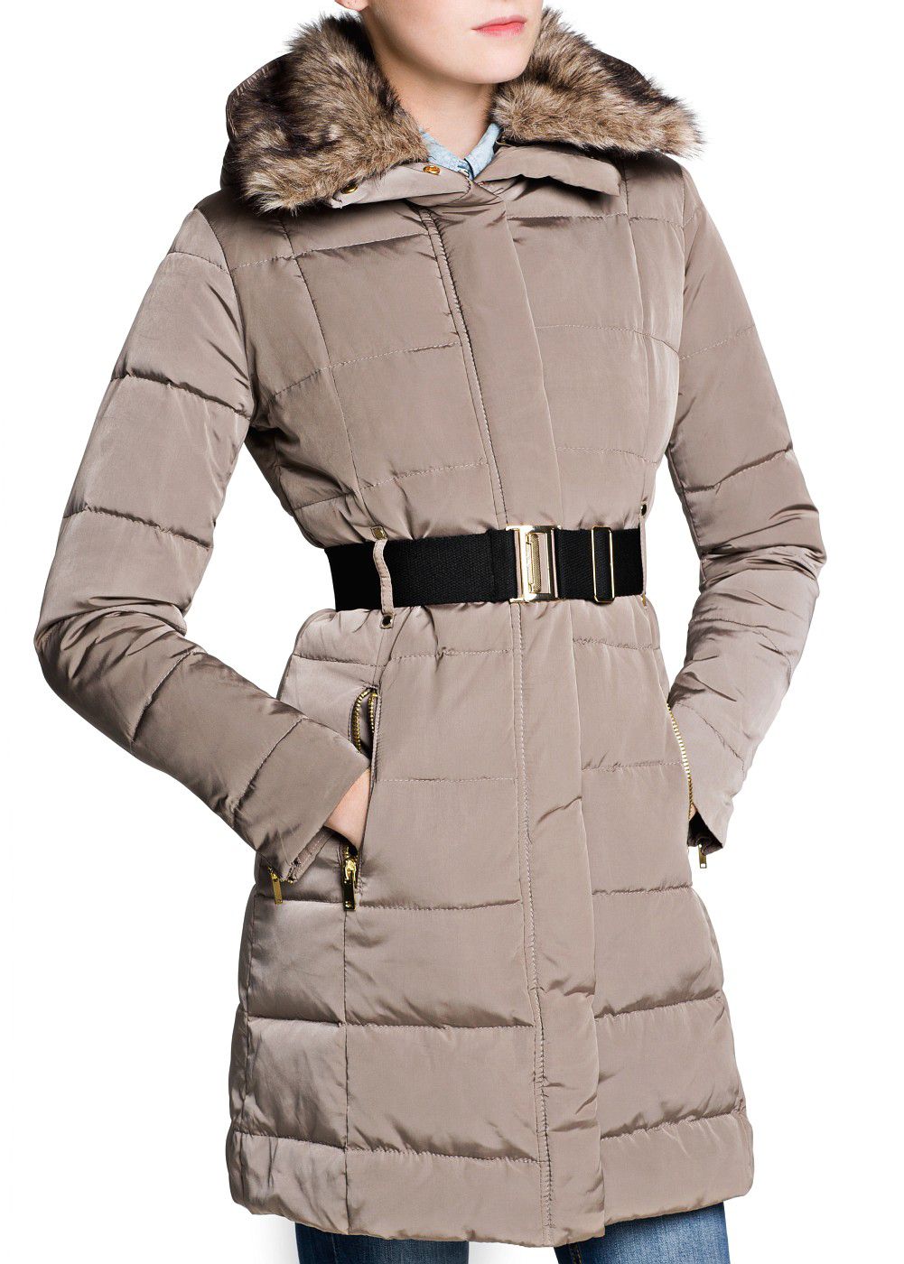 Mango Belted Down Feather Long Coat in Brown | Lyst