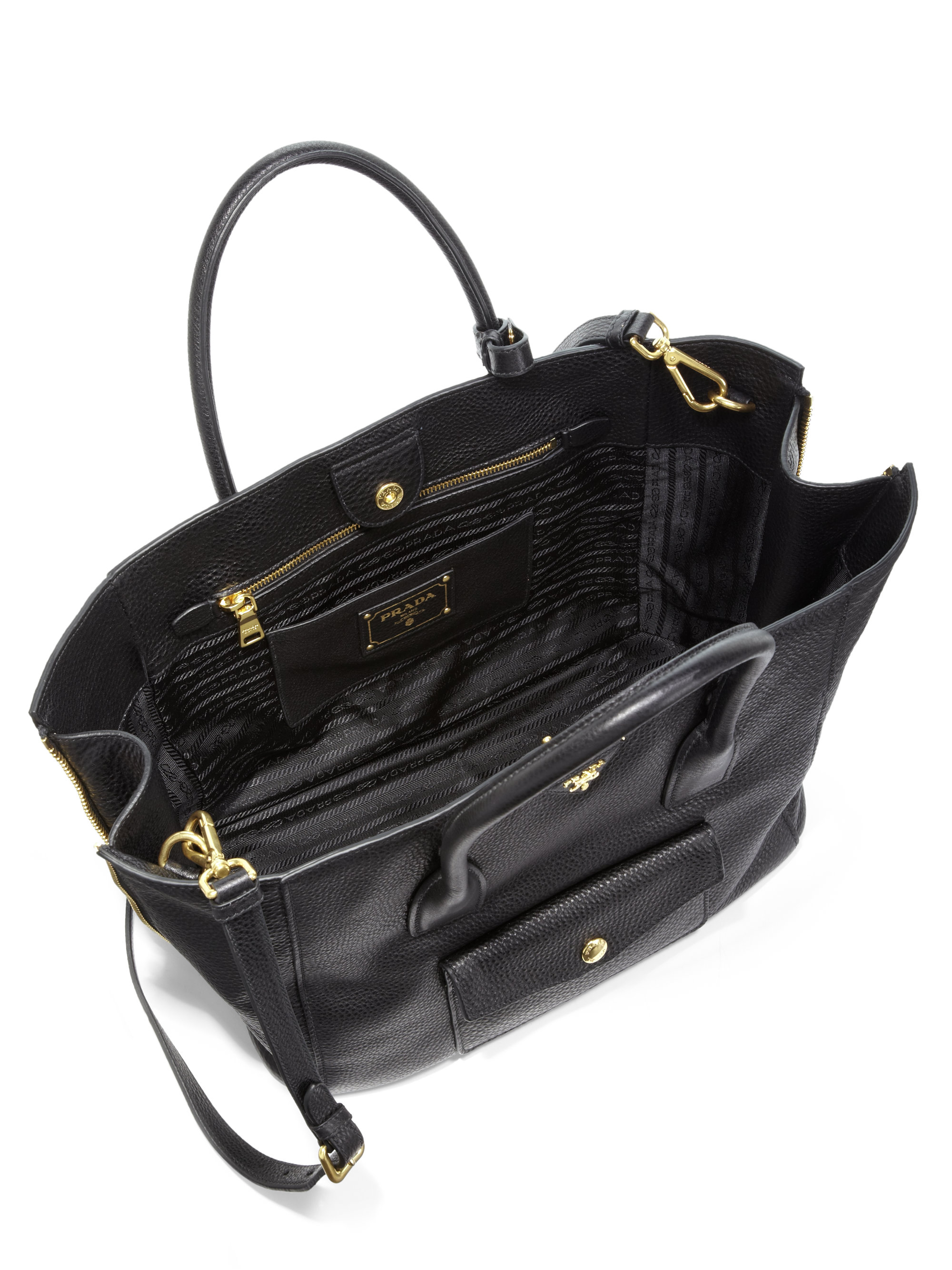 Prada Daino Side Zip Front Pocket Tote in Black (NERO-BLACK) | Lyst