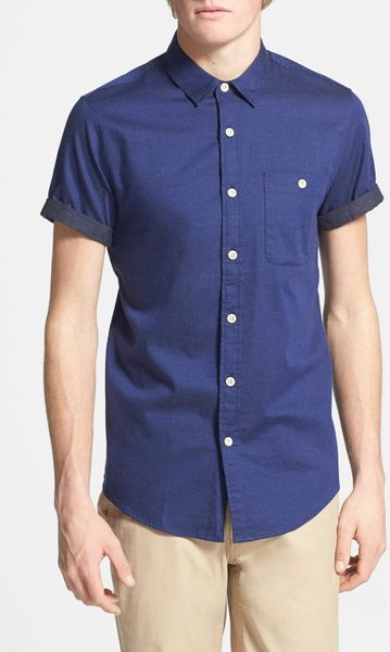Topman Short Sleeve Flannel Trimmed Shirt in Blue for Men (Dark Blue ...