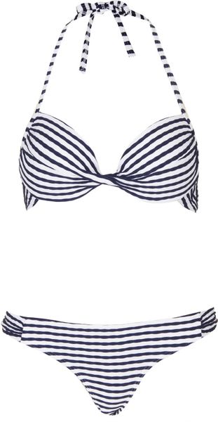 Topshop Navy Ruche Stripe Plunge Bikini in White (NAVY BLUE) | Lyst