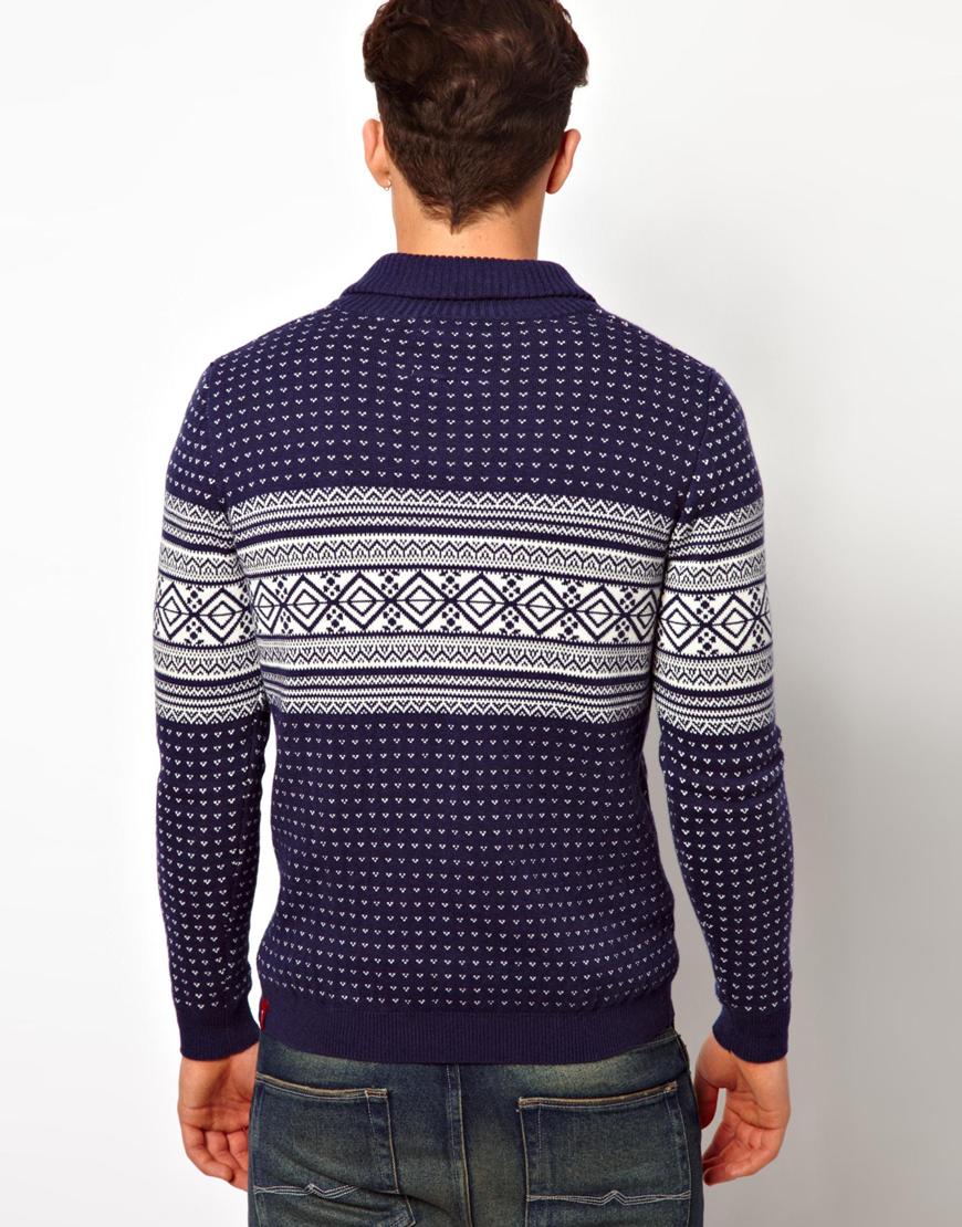Ymc Esprit Fairisle Sweater with Shawl Neck in Blue for Men | Lyst
