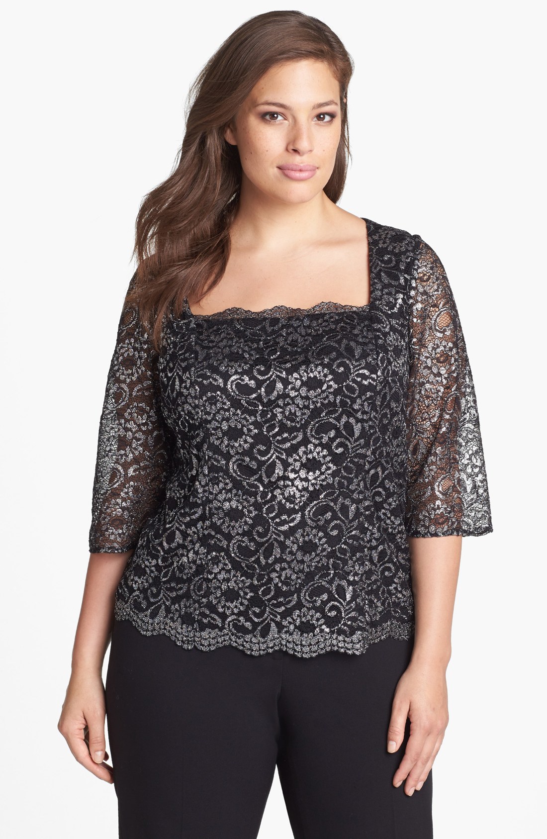 Alex Evenings Three Quarter Sleeve Metallic Lace Blouse in Silver ...