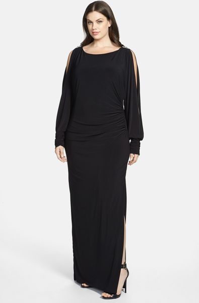 Betsy & Adam Embellished Cold Shoulder Jersey Maxi Dress in Black | Lyst