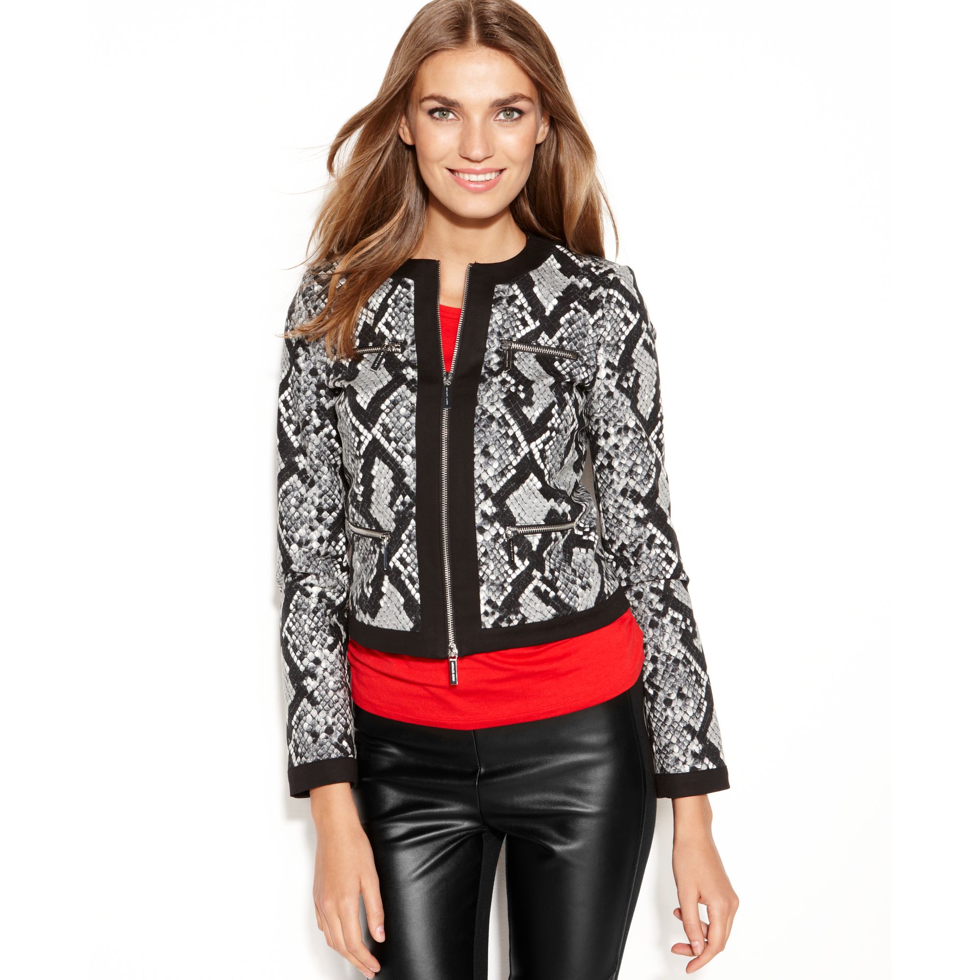 Lyst Michael Kors Snakeskin print Moto Cropped Jacket in Black