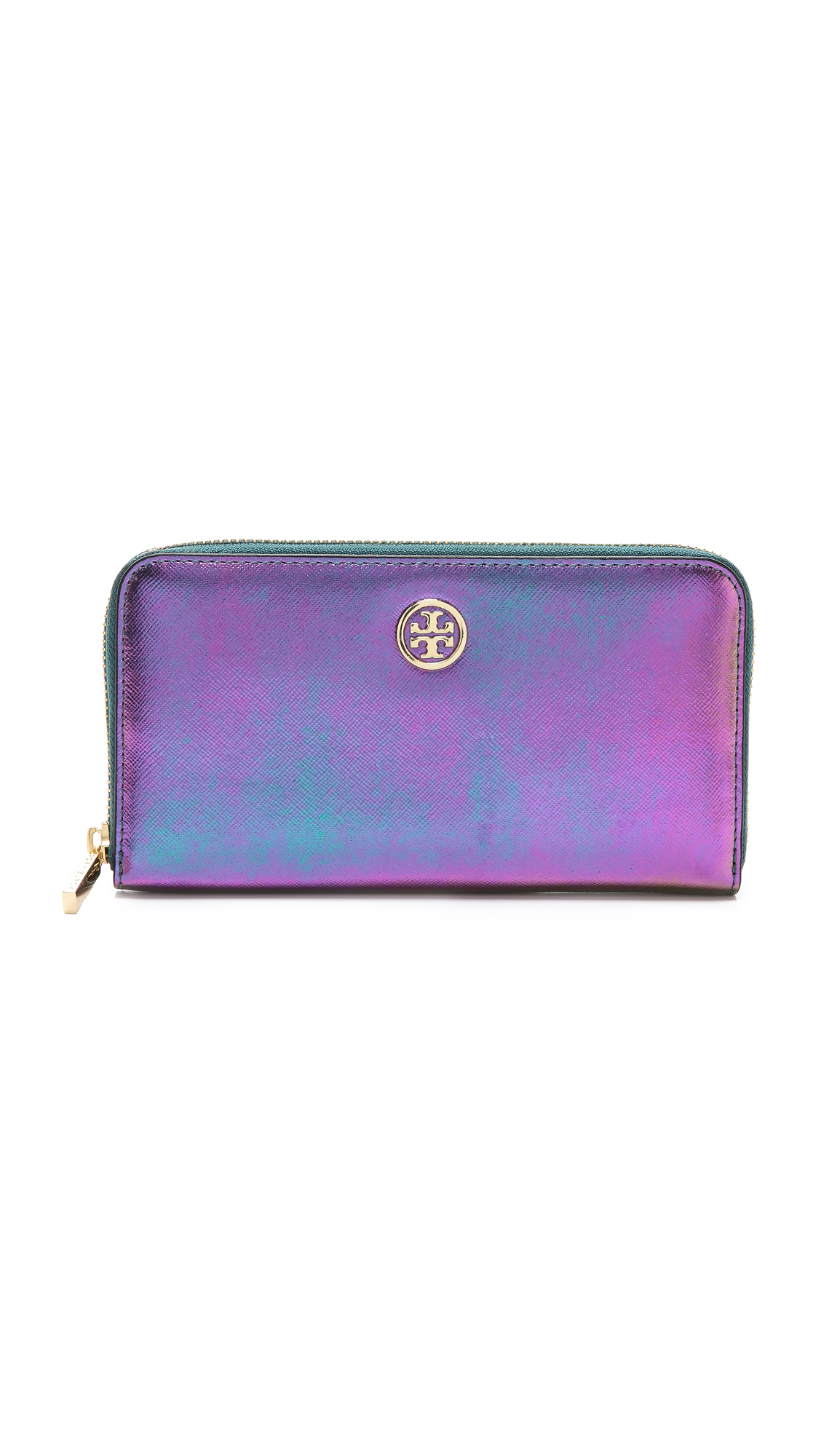 Tory burch Robinson Iridescent Zip Wallet in Green Lyst
