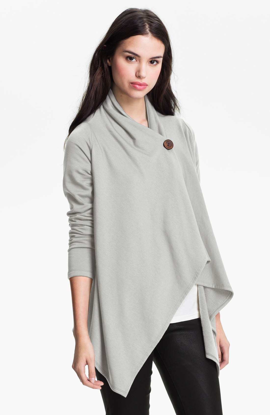 Bobeau Asymmetrical Fleece Wrap Cardigan in Silver | Lyst