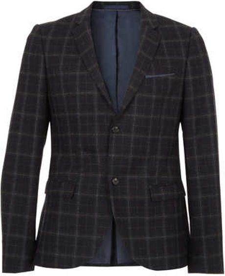 Topman Navy and Grey Checked Skinny Suit Jacket in Blue for Men | Lyst