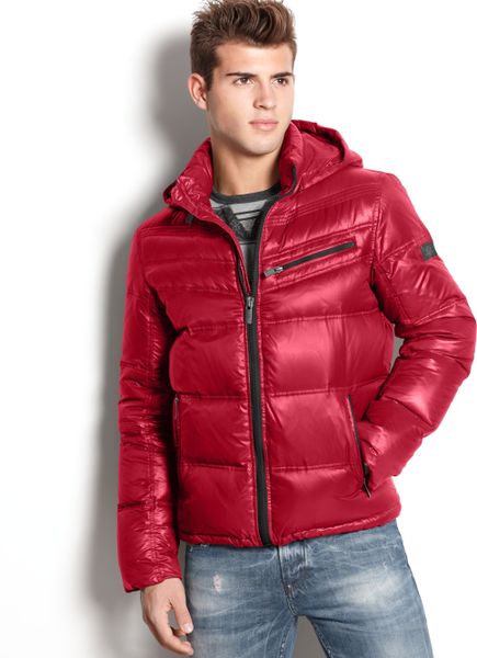 Guess Jacket Chrome Hooded Quilted Puffer in Red for Men (Varisty Red ...