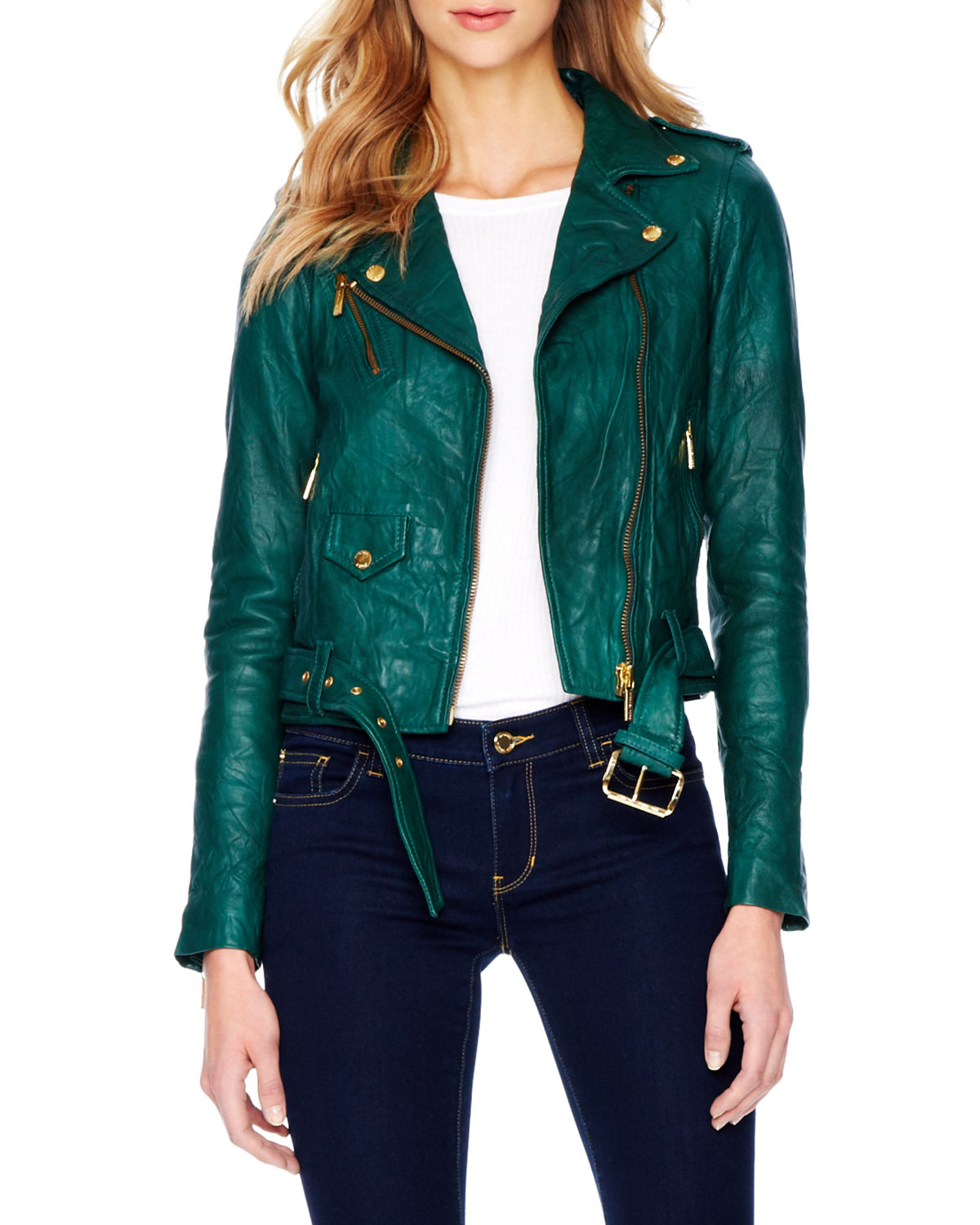 Lyst - Michael Michael Kors Crinkled Leather Moto Jacket in Green