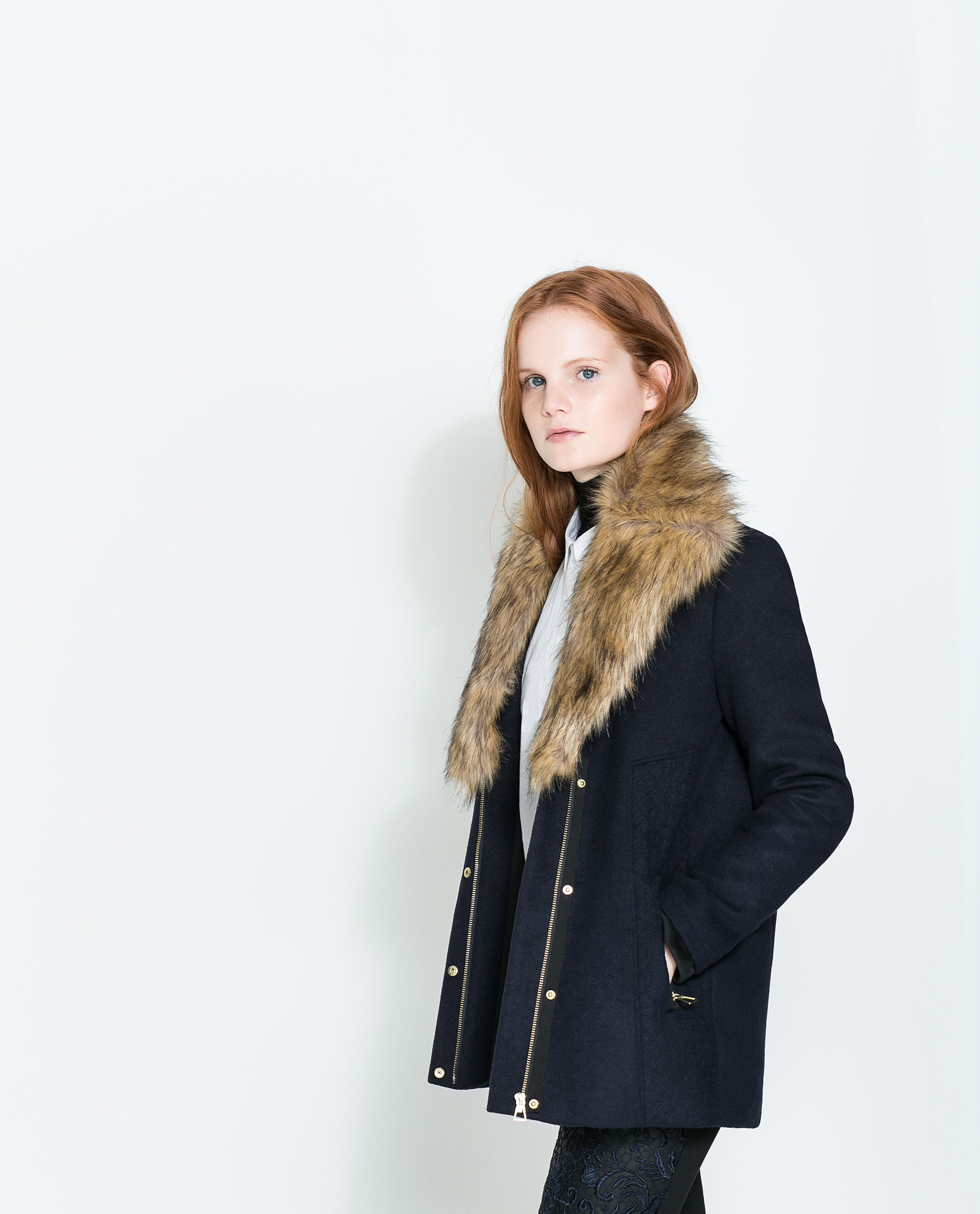 Zara Three Quarter Length Coat with Fur Collar in Blue | Lyst