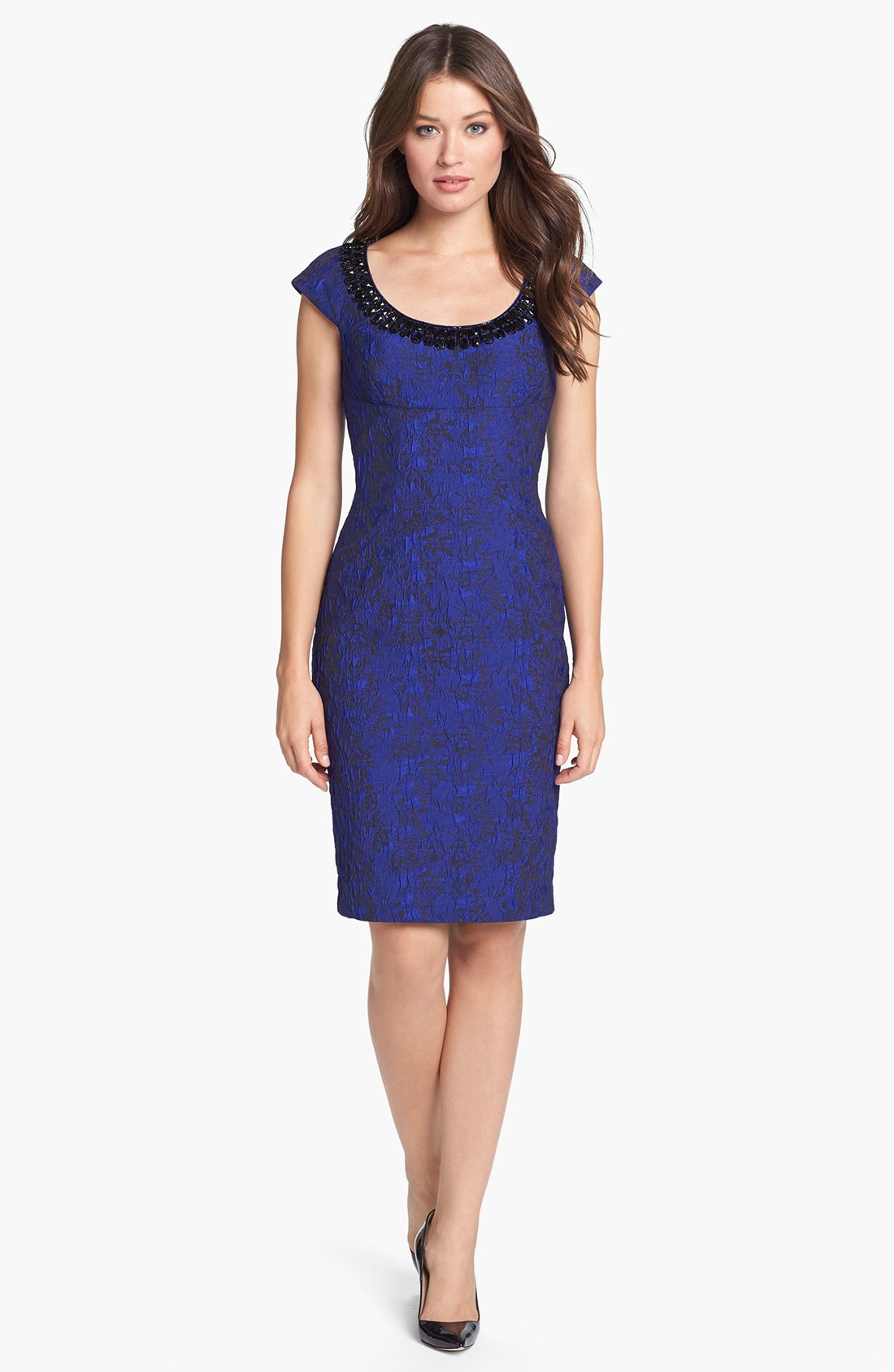 Adrianna Papell Embellished Brocade Sheath Dress in Blue (Black/ Blue ...