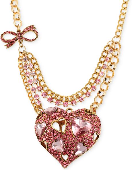 Betsey Johnson Goldtone Pink Crystal Heart Pendant Necklace in Gold | Lyst