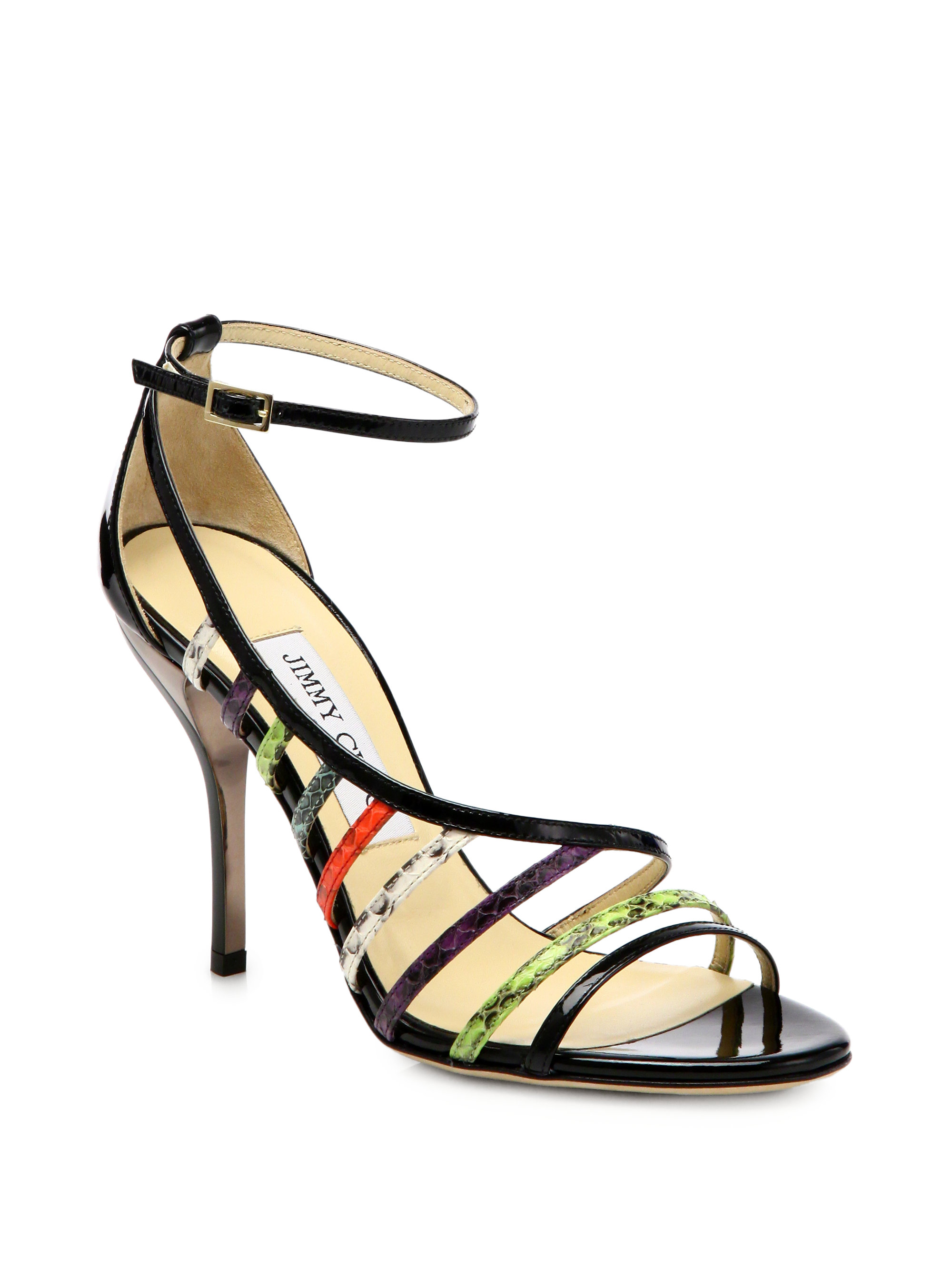 Jimmy choo Vuka Snakeskin Patent Leather Strappy Sandals in Black | Lyst