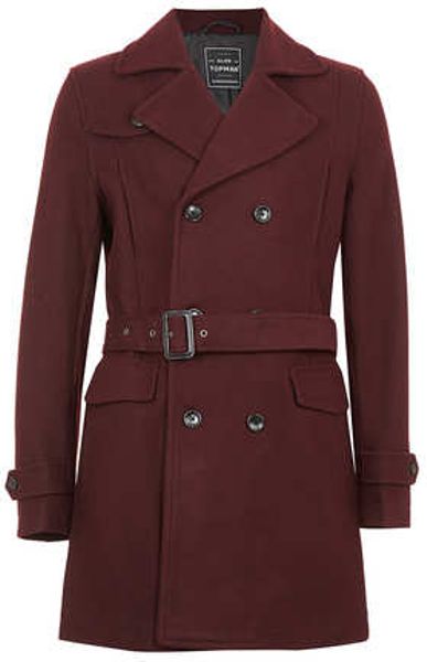 Topman Burgundy Wool Mix Trench Coat in Brown for Men (Red) | Lyst