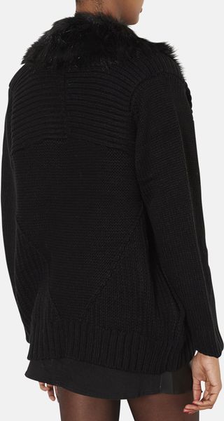 Topshop Faux Fur Trim Cardigan in Black | Lyst