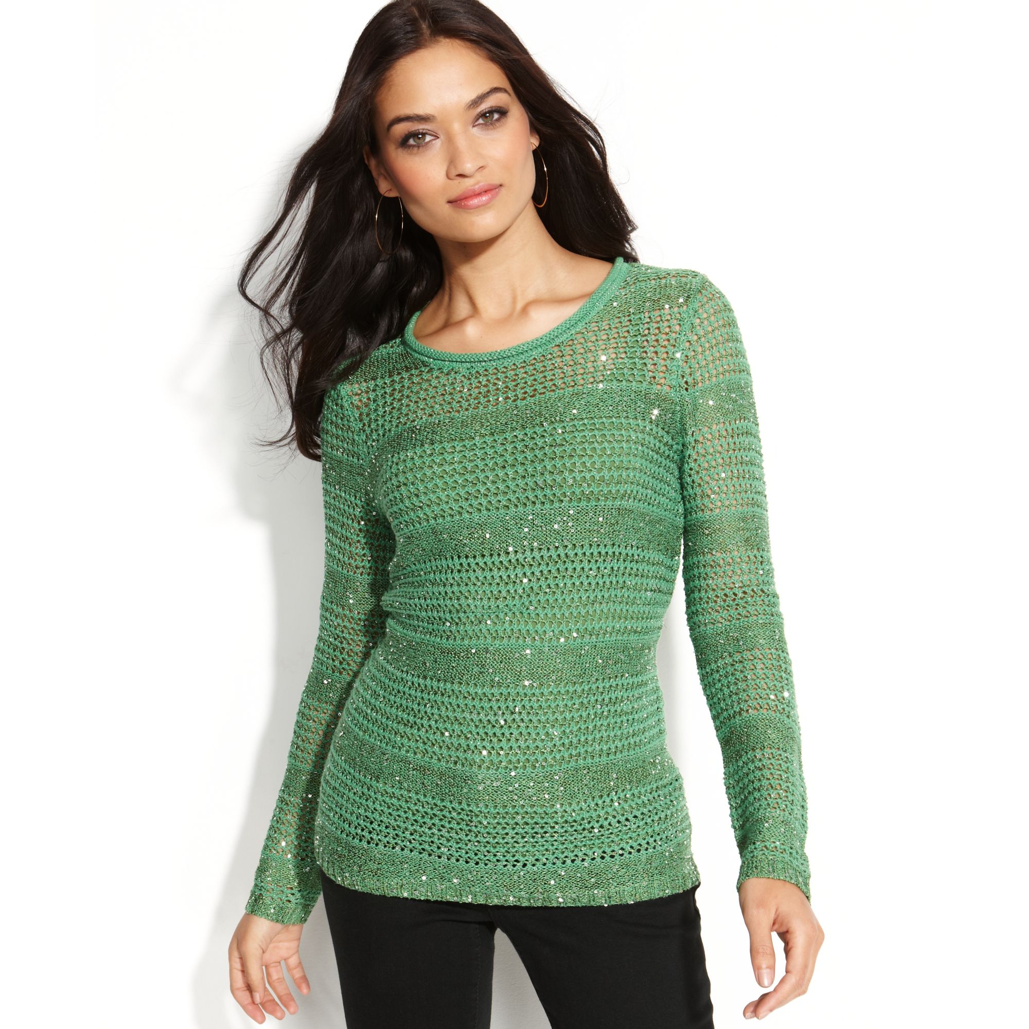 Inc International Concepts Open Knit Striped Sequin Sweater in Green ...