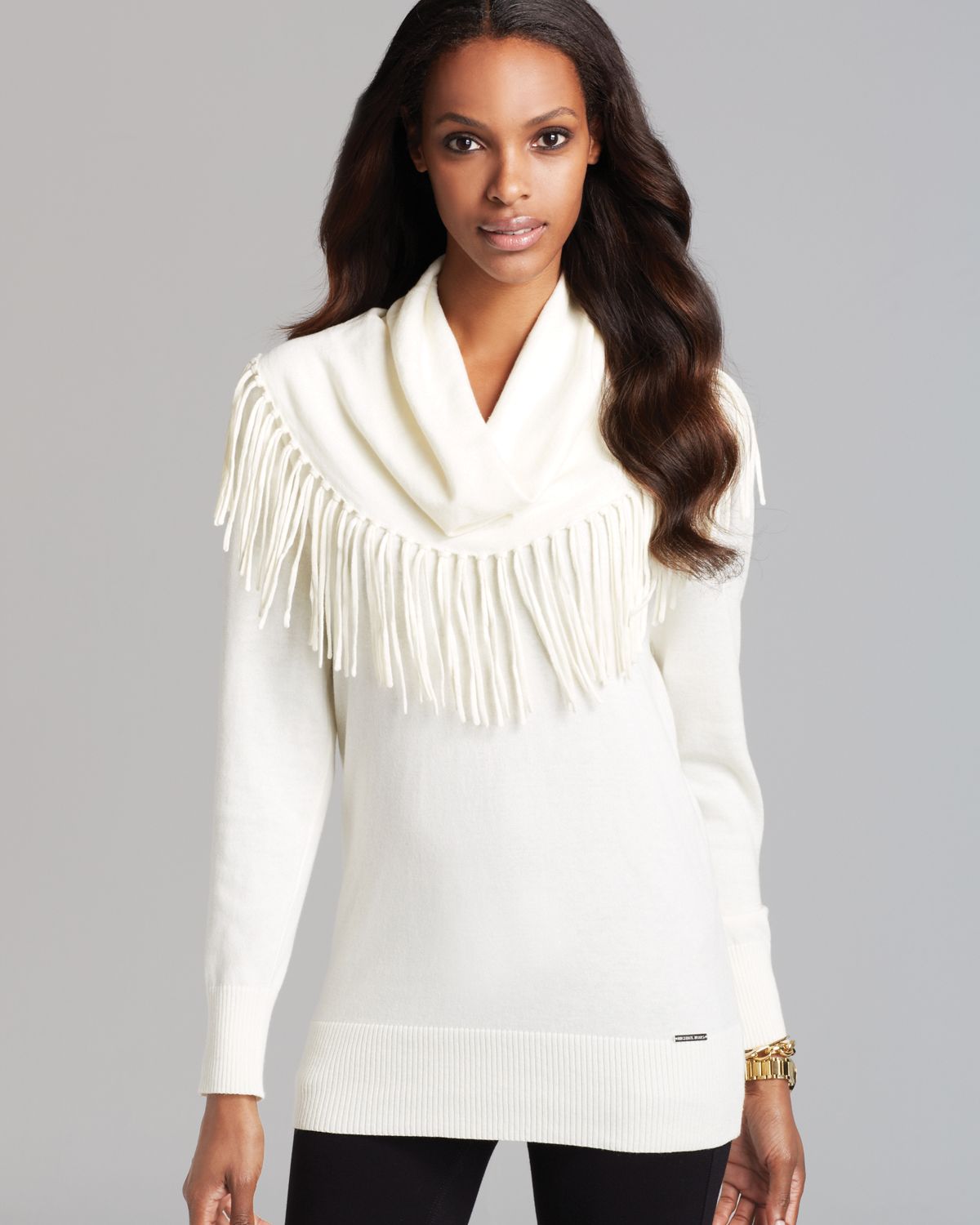 Michael michael kors Fringe Cowl Neck Sweater in Natural | Lyst