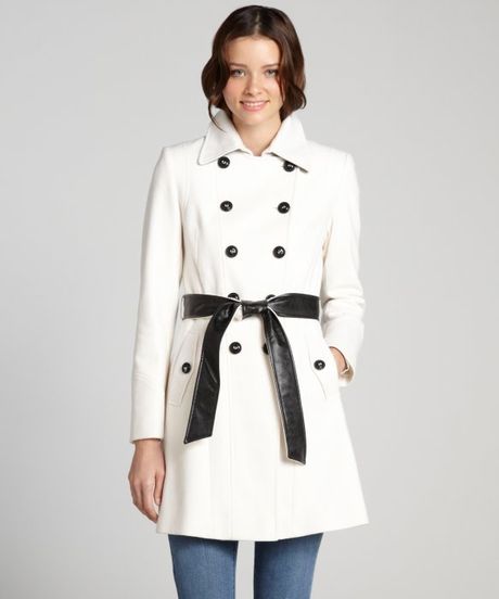 Dkny Winter White Wool Blend Double Breasted Dawn Belted Trench Coat in ...