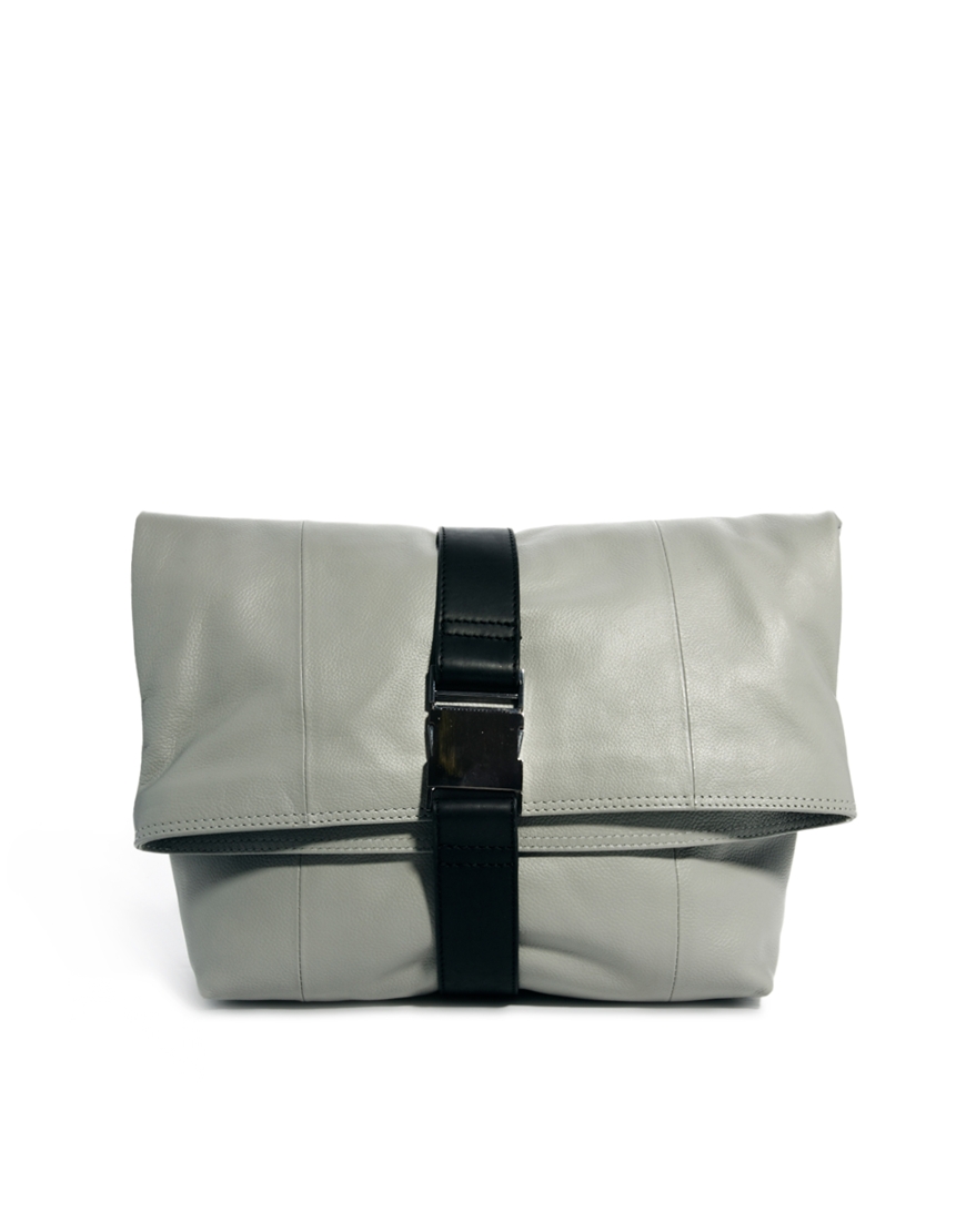 Lyst - Asos Leather Oversized Soft Clutch Bag With Seat Belt Fastening in Gray
